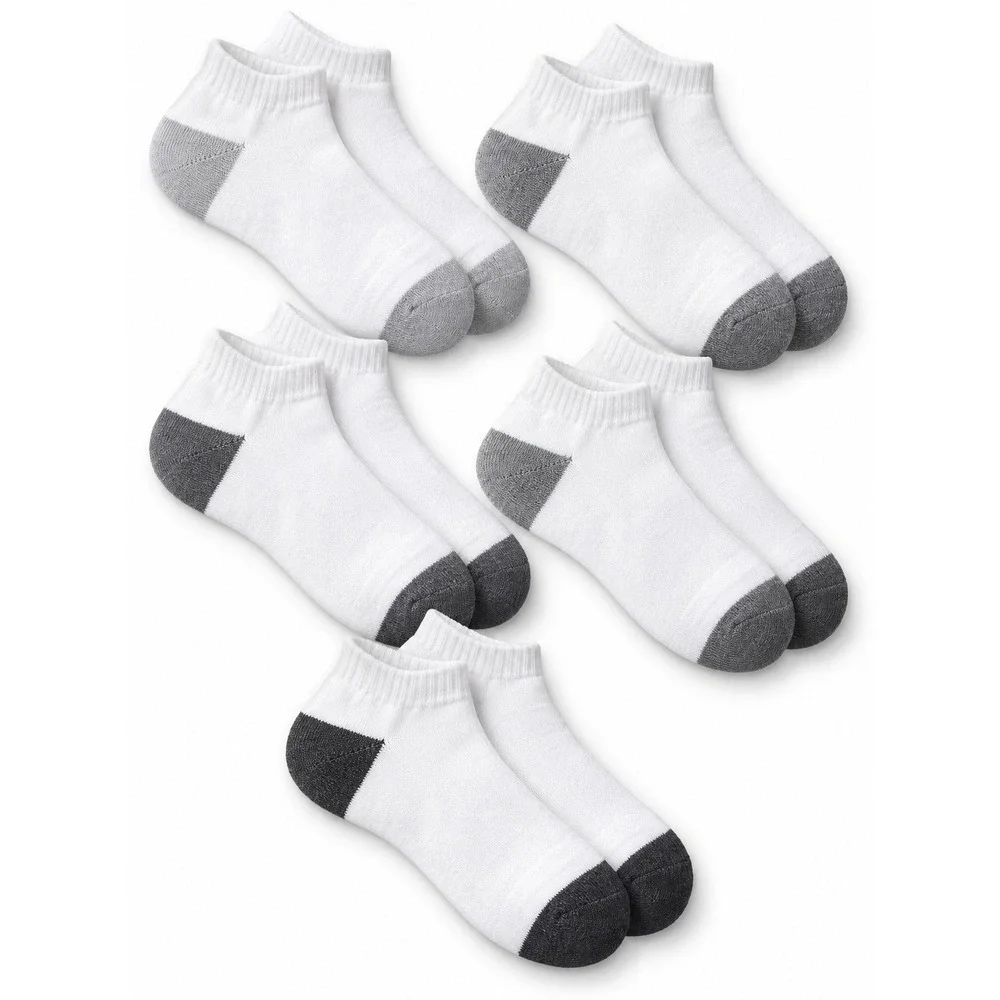 White Ankle Socks 5-Pair Set Gray & Black Reinforced Heel and Toe New